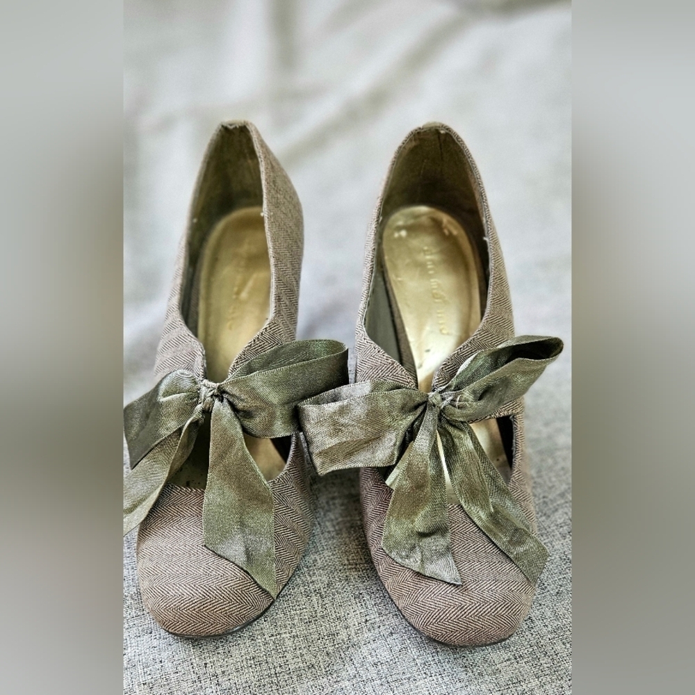🌟 Rare Herringbone Gray Knit Pump Heels With Satin Bow🌟